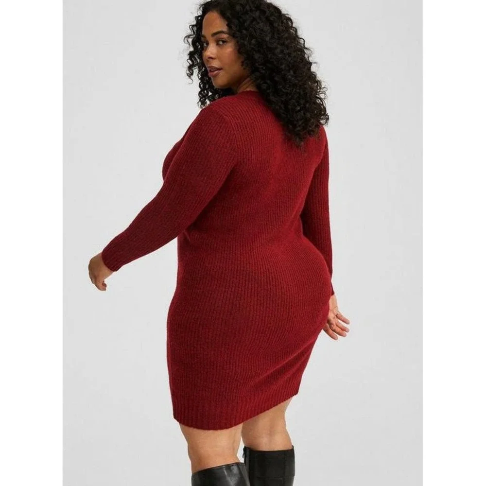 Torrid Vegan Cashmere Sweater Mini‎ Dress Rhubarb Red V-Neck Ribbed Knit 2 - Picture 4 of 16